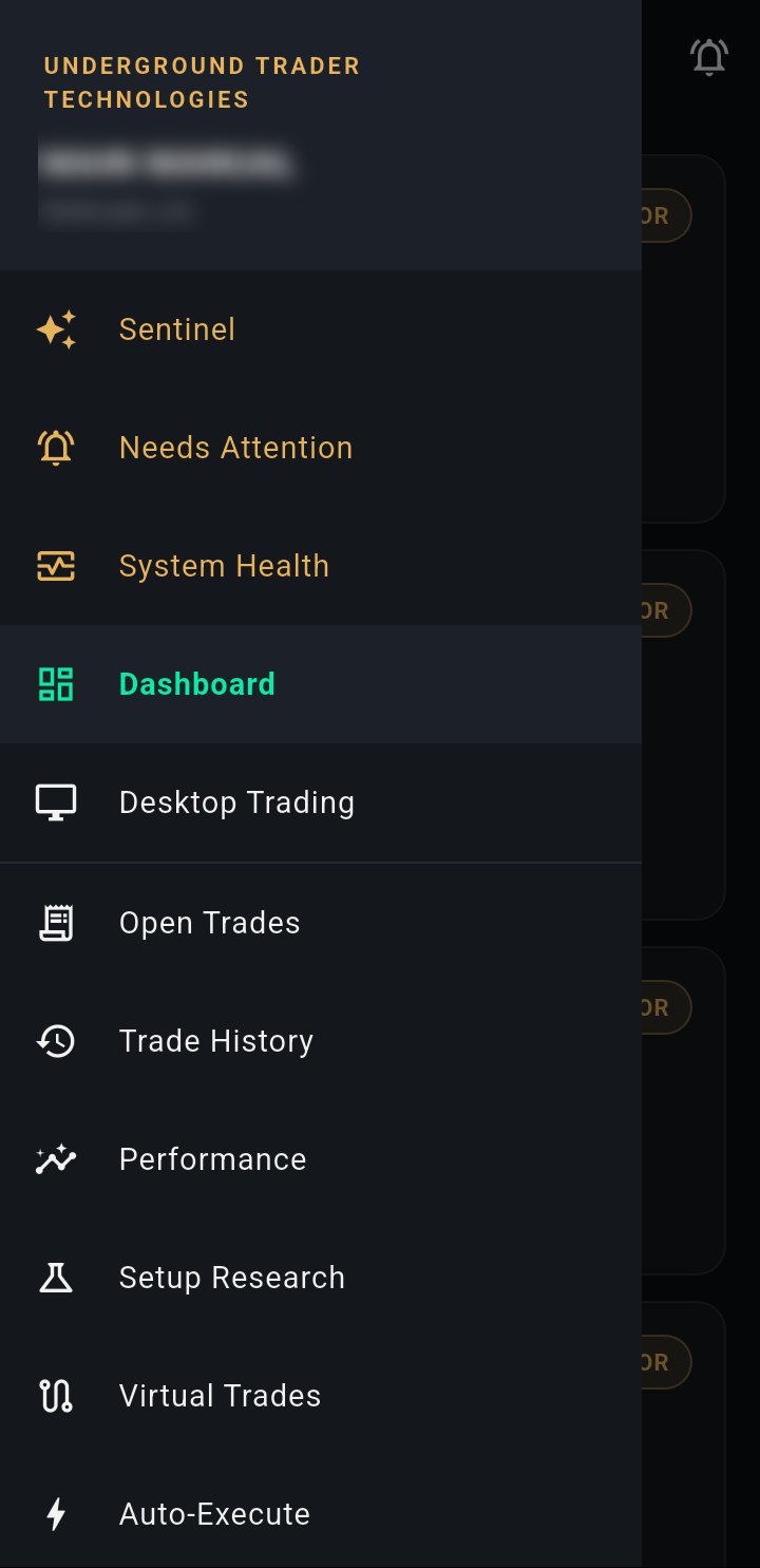 The mobile app's main menu